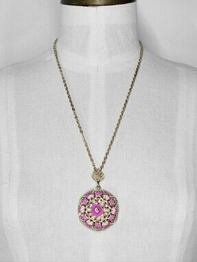 Necklace 24" Vintage W. Germany Pink Enamel Filigree Pendant Deadstock Woolworth
